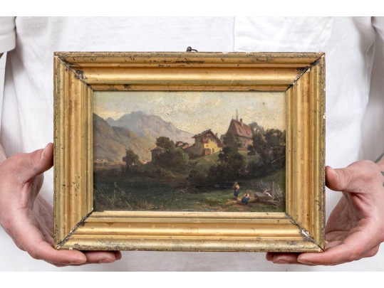 Diminutive Antique Oil On Panel, Mountainous Landscape With Figures And Cottage