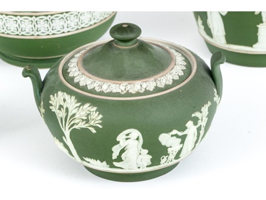 Five Piece English Wedgwood Green Jasperware Tea Set