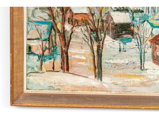 Carl Salan Oil On Board, Winter Townscape