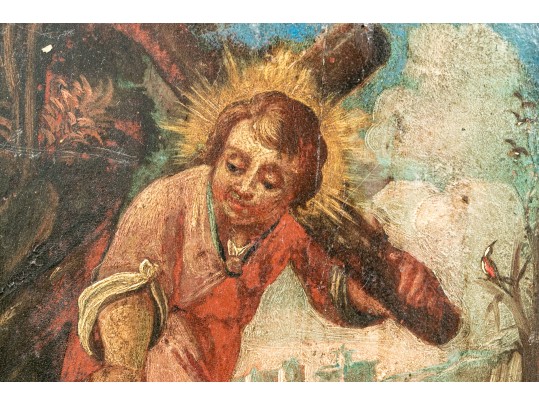 Antique Oil On Panel, Christ The Good Shepherd, Probably 18th Century