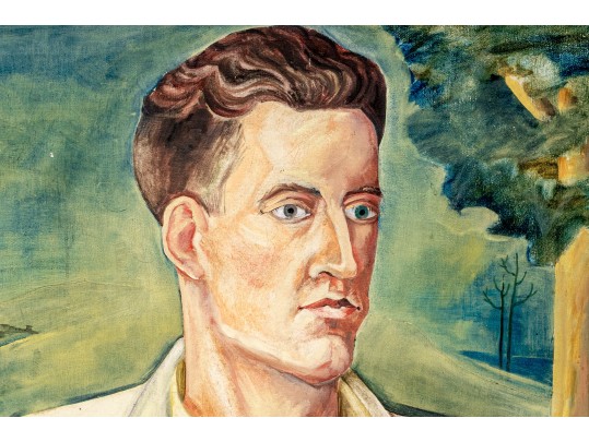 Oil On Board, Portrait Of Seated Man In Landscape