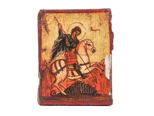 Antique Greek Orthodox Icon Of St. George Slaying A Dragon