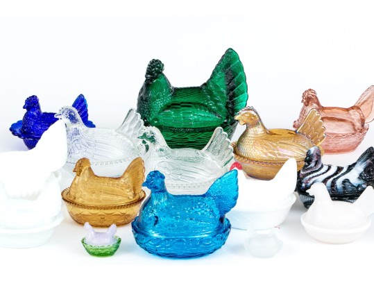 Collection Of Fifteen Vintage Glass Hens On Nests