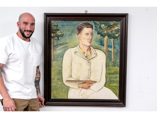 Oil On Board, Portrait Of Seated Man In Landscape