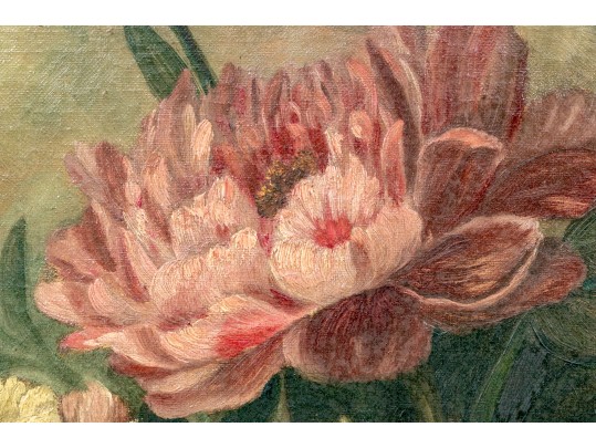 Oil On Canvas, Still Life Of Pink And Yellow Peonies
