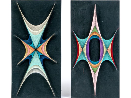 Two Colorful Mid-century String Art Sculptures