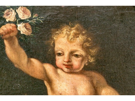 Two Antique Oil On Canvas Paintings Of Putti