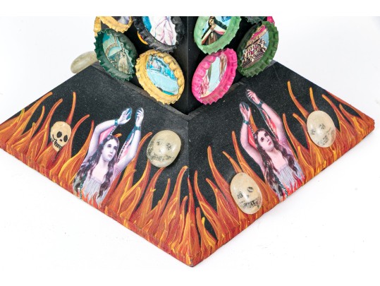 Signed Mixed Media Sculpture Of The Cross With Painted Bottle Caps