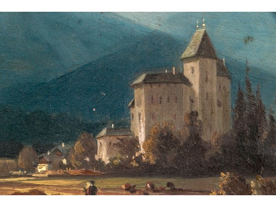 Dimunituve Antique Oil On Panel, Landscape With Figures And Architecture