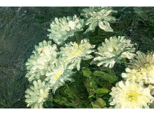 Oil On Canvas, Painted Jar With Flowers Still Life