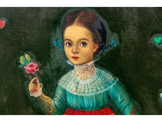 Horacio Rentería Rocha (Mexican, 1912-1972) Oil On Canvas, Girl With Butterflies And Dog