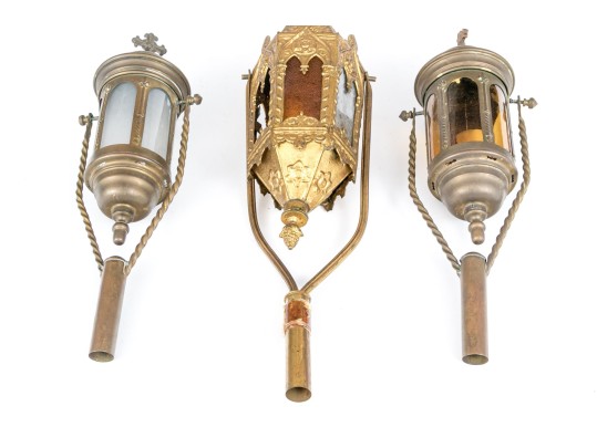 Trio Of Christian Brass And Glass Procession Lanterns