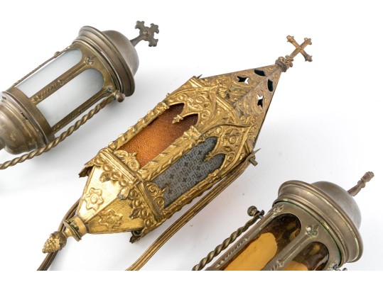 Trio Of Christian Brass And Glass Procession Lanterns