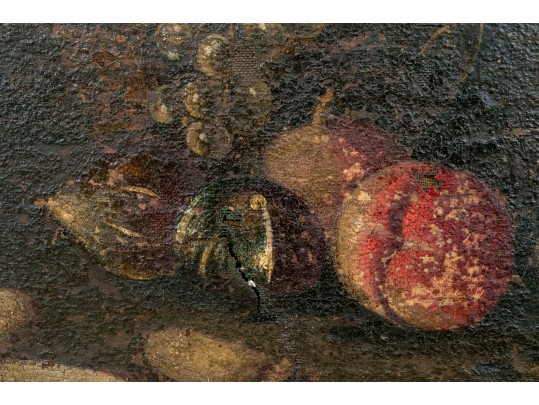 Antique Oil On Canvas, Still Life With Fruit And Basket