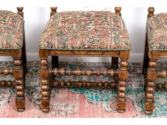 Set Of Four Vintage Carved Oak Bobbin Turned Side Chairs