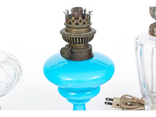 Group Of Five Antique Glass And Brass Oil Lamps