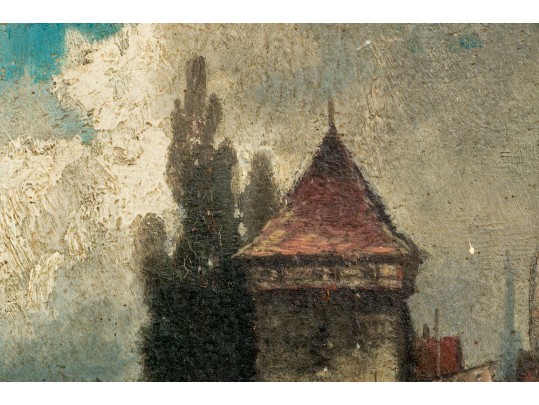 Diminutive Antique Oil On Panel, Landscape With Waterway