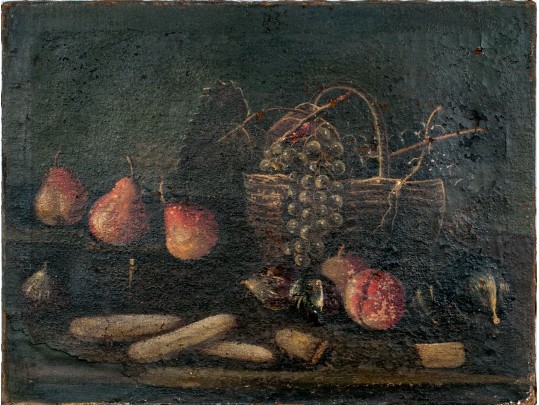 Antique Oil On Canvas, Still Life With Fruit And Basket