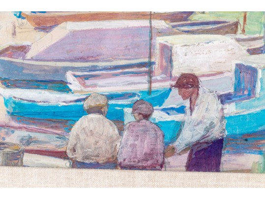 Gouache On Paper, Harbor Scene With Figures