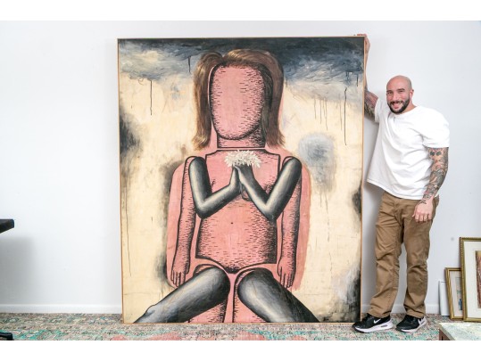 Large Oil On Canvas Of A Metaphysical Pink Lady, 6'-8