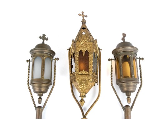 Trio Of Christian Brass And Glass Procession Lanterns
