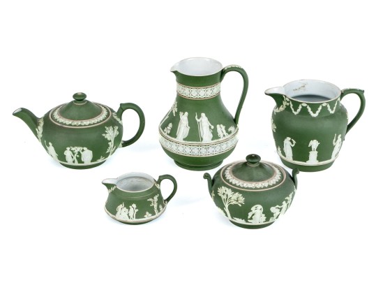 Five Piece English Wedgwood Green Jasperware Tea Set