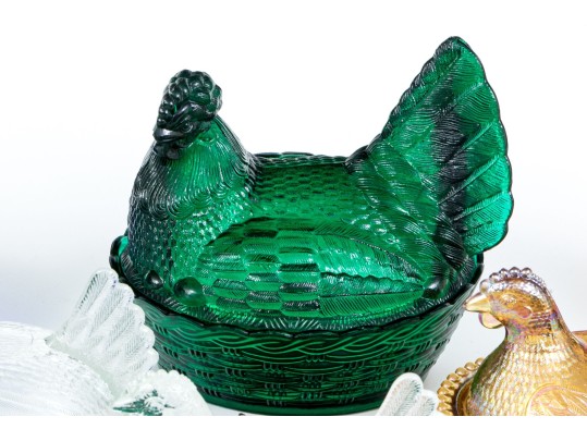 Collection Of Fifteen Vintage Glass Hens On Nests