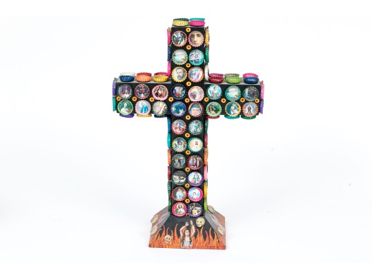 Signed Mixed Media Sculpture Of The Cross With Painted Bottle Caps