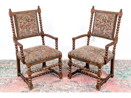Paior Of Vintage Carved Oak Bobbin Turned Armchairs