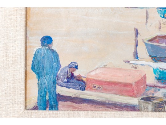 Gouache On Paper, Harbor Scene With Figures