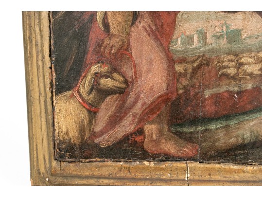 Antique Oil On Panel, Christ The Good Shepherd, Probably 18th Century