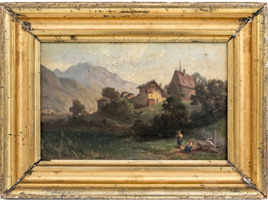 Diminutive Antique Oil On Panel, Mountainous Landscape With Figures And Cottage