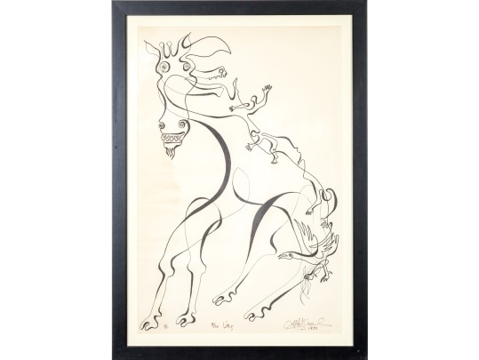 Signed Ltd Ed Lithograph, Giraffe With People And Bird, 1976