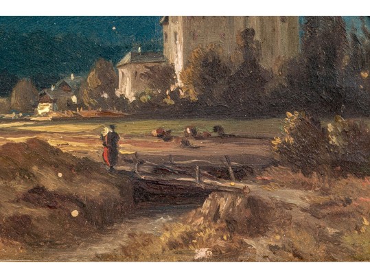 Dimunituve Antique Oil On Panel, Landscape With Figures And Architecture