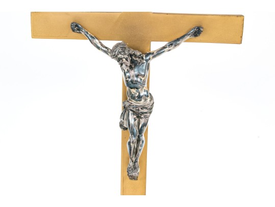 Large And Well Cast Brass And Silvered Altar Crucifix