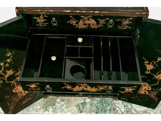 Ornate Chinese Export Lacquered Jewelry Cabinet