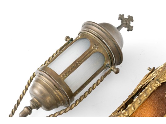 Trio Of Christian Brass And Glass Procession Lanterns