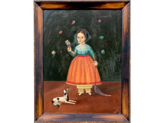 Horacio Rentería Rocha (Mexican, 1912-1972) Oil On Canvas, Girl With Butterflies And Dog