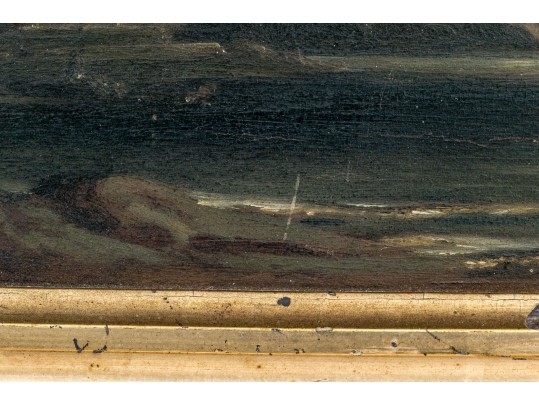 Diminutive Antique Oil On Panel, Coastal Scene At Night