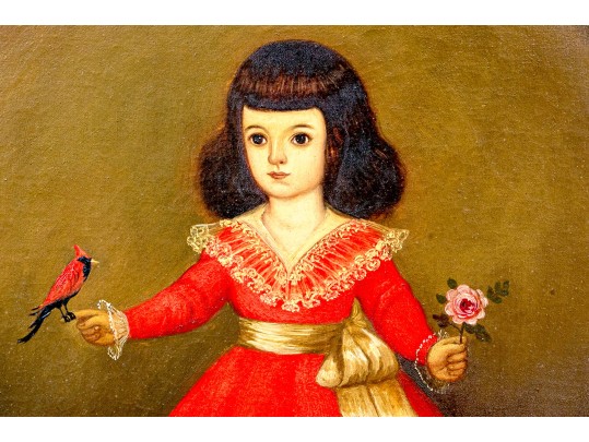 Horacio Rentería Rocha (Mexican, 1912-1972) Oil On Canvas, Girl With Dog And Birds