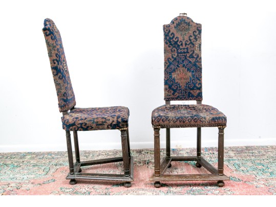 Pair Of Antique Carpet Upholstered Hall Chairs