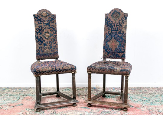 Pair Of Antique Carpet Upholstered Hall Chairs