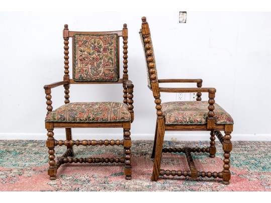 Paior Of Vintage Carved Oak Bobbin Turned Armchairs