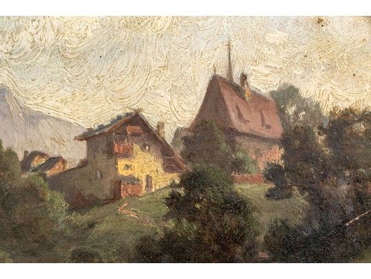 Diminutive Antique Oil On Panel, Mountainous Landscape With Figures And Cottage