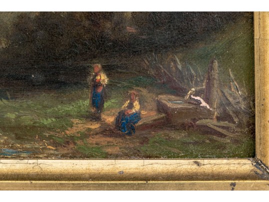 Diminutive Antique Oil On Panel, Mountainous Landscape With Figures And Cottage