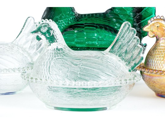 Collection Of Fifteen Vintage Glass Hens On Nests