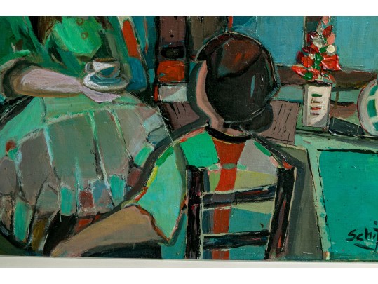 Signed Schiff Oil On Canvas Panel, Expressionist Conversation