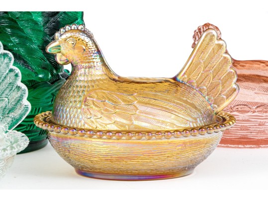Collection Of Fifteen Vintage Glass Hens On Nests