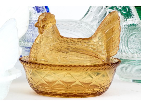 Collection Of Fifteen Vintage Glass Hens On Nests
