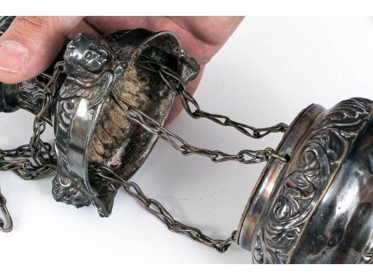 Semi-Antique Silver Plated Hanging Incense Burner